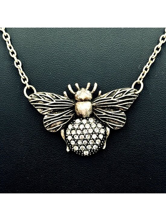 Unsigned Jewelry - Bee Pendant Statement Necklace Antiqued Silver Tone Rhinestones 34"